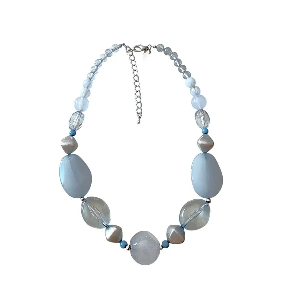 Milky Ice Blue Aquamarine Baroque Acrylic Beaded Necklace - Picture 4 of 9